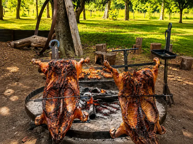 Whole pigs roasted on spits outdoors at El Carmen