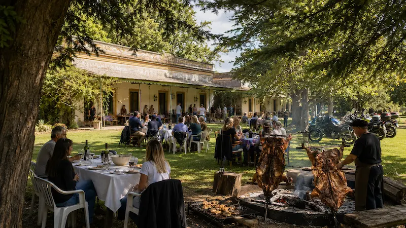 Group having lunch under the trees at El Carmen de Rojas